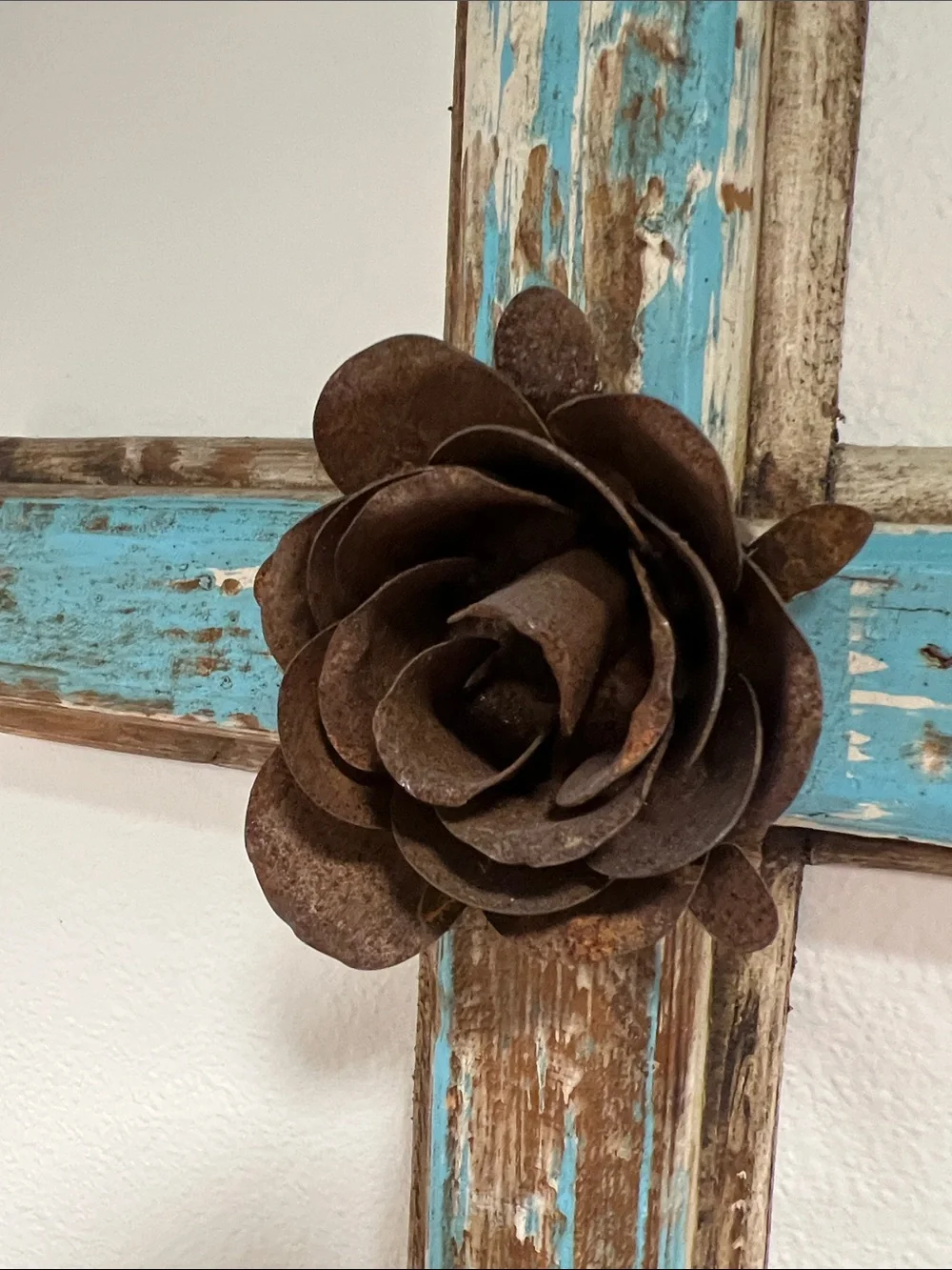 Rustic Turquoise Wooden Cross Wall Decor with Metal Rose